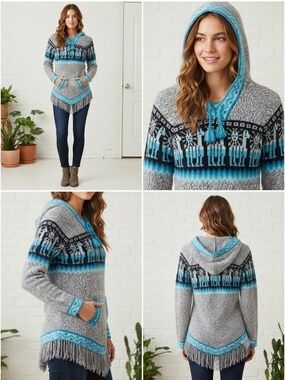 Ecologic Arts Artisian Alpaca Llama Southwestern Hooded Sweater Sz L Boho Fringe